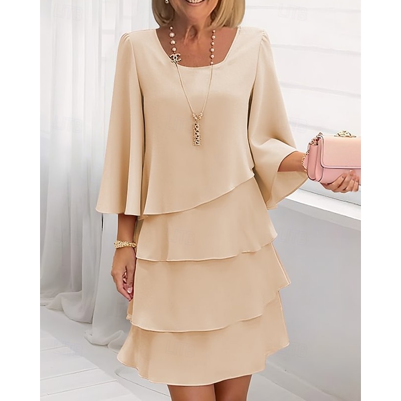Women's Mini Dress Chiffon Dress Tiered Dress Fashion Modern Outdoor Vacation Going out Regular Fit Plain 3/4 Length Sleeve Crew Neck Pink Red Navy Blue Khaki Spring Fall2