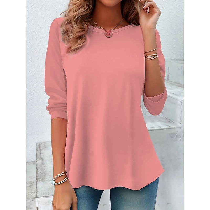 Women's T Shirt Plain Vintage Stylish Classic Long Sleeve Crew Neck Regular Tops Daily Print White Pink Red Blue Spring Fall Winter3