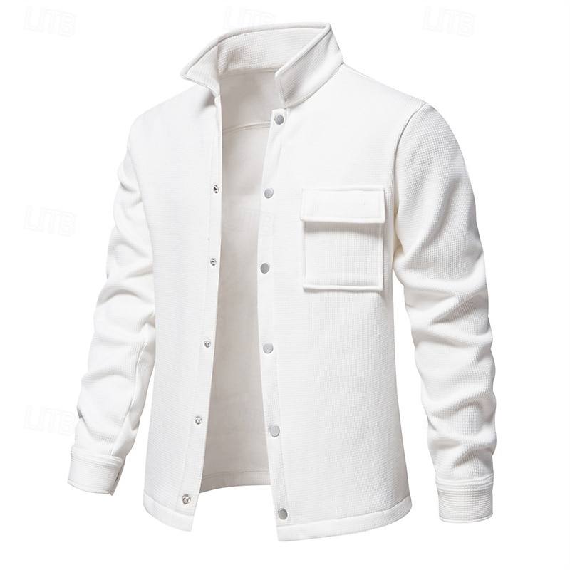 Men's Waffle Jacket Fleece Jacket Cargo Jacket Casual Jacket Vacation Daily Warm Pocket Fall Winter Plain Fashion Classic Lapel Regular Black White Navy Blue Blue Khaki Jacket4