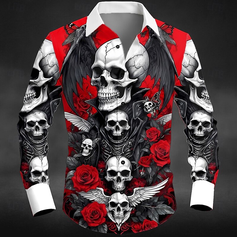 Halloween Men's Skull Wings Shirt Button Up Shirt Long Sleeve Dark Punk Gothic Style Outdoor Holiday Summer Spring Turndown 3D Print Collared Shirts Red Green