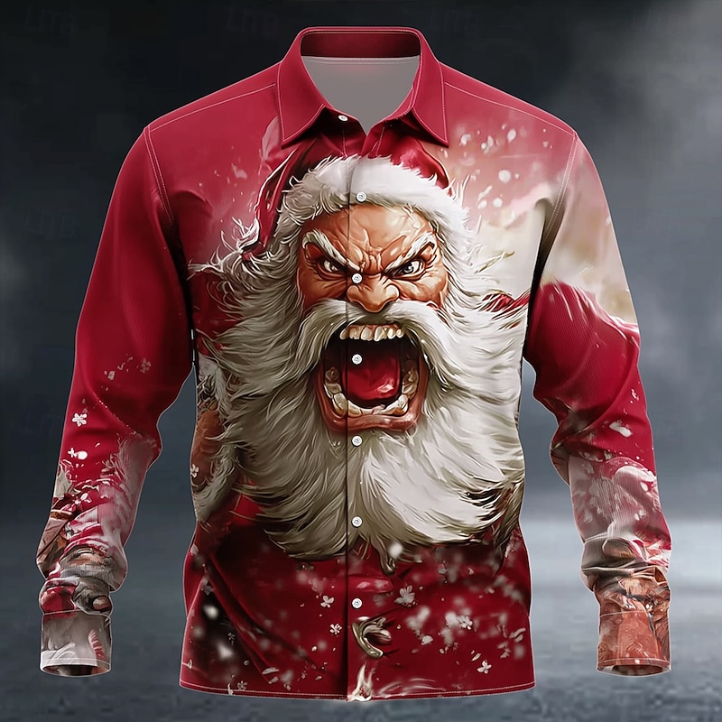 Christmas Men's Muscle Roaring Santa Claus Shirt Button Up Shirt Long Sleeve Funny Outdoor Holiday Spring Fall Turndown 3D Print Collared Shirts Red