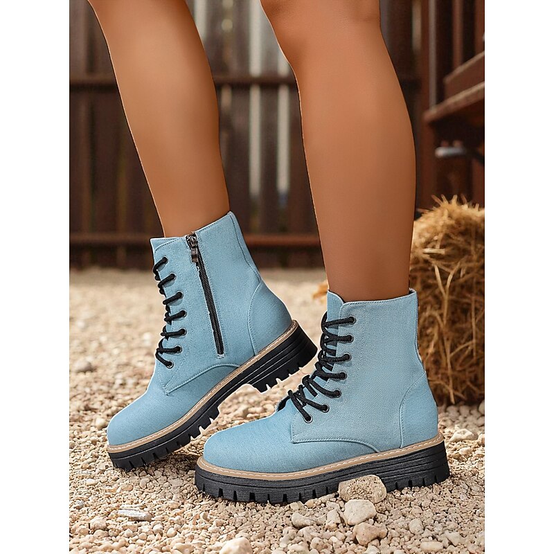 Women's Denim Combat Boots – Lace-Up Ankle Boots with Side Zipper and Lug Sole for Casual Wear and Street Style4