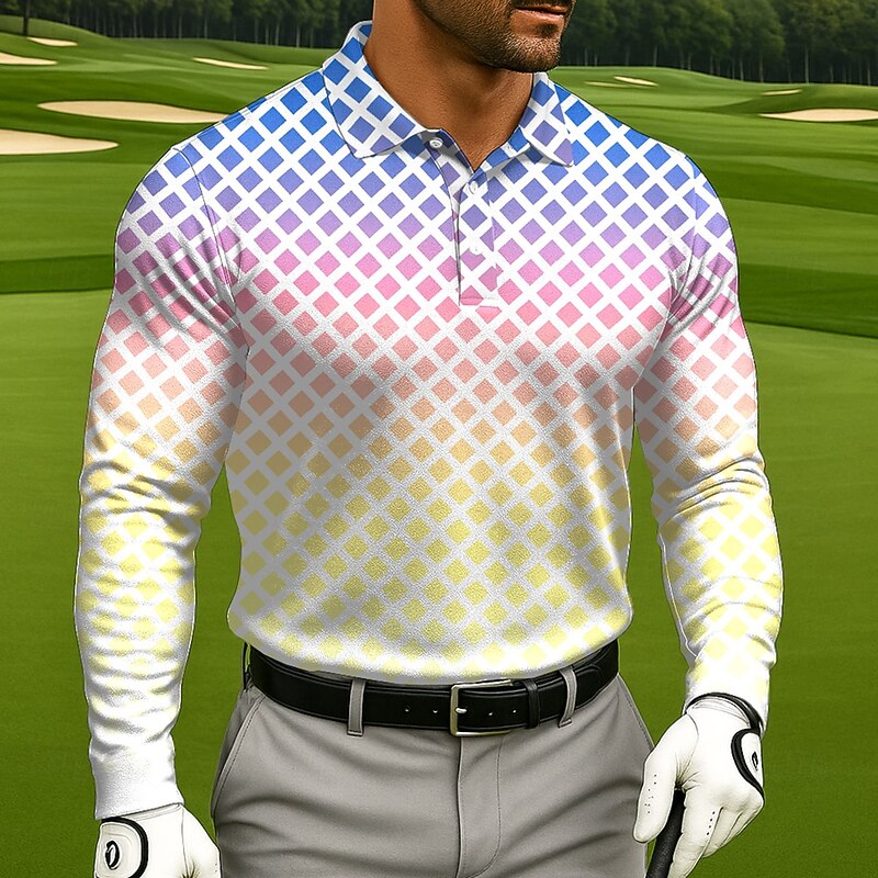 Men's Geometic Golf Polo Long Sleeve Polo Shirts Lapel Casual Athleisure Daily Wear 3D Print Buttons Spring Fall Winter Blue Green