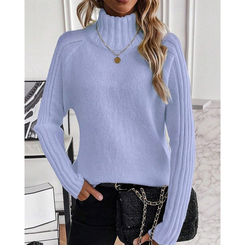 Women's Sweater Pullover Elegant Fashion Casual Solid Color Ribbed Turtleneck Knitted Long Sleeve Regular Tops Knit Outdoor Daily Weekend Blue Fall Winter4