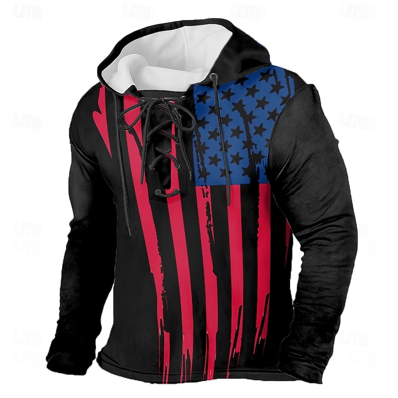 Men's American US Flag Hoodie Sweatshirt Fashion Daily Hooded Outdoor Home Black White Drawstring Fall Winter Designer2