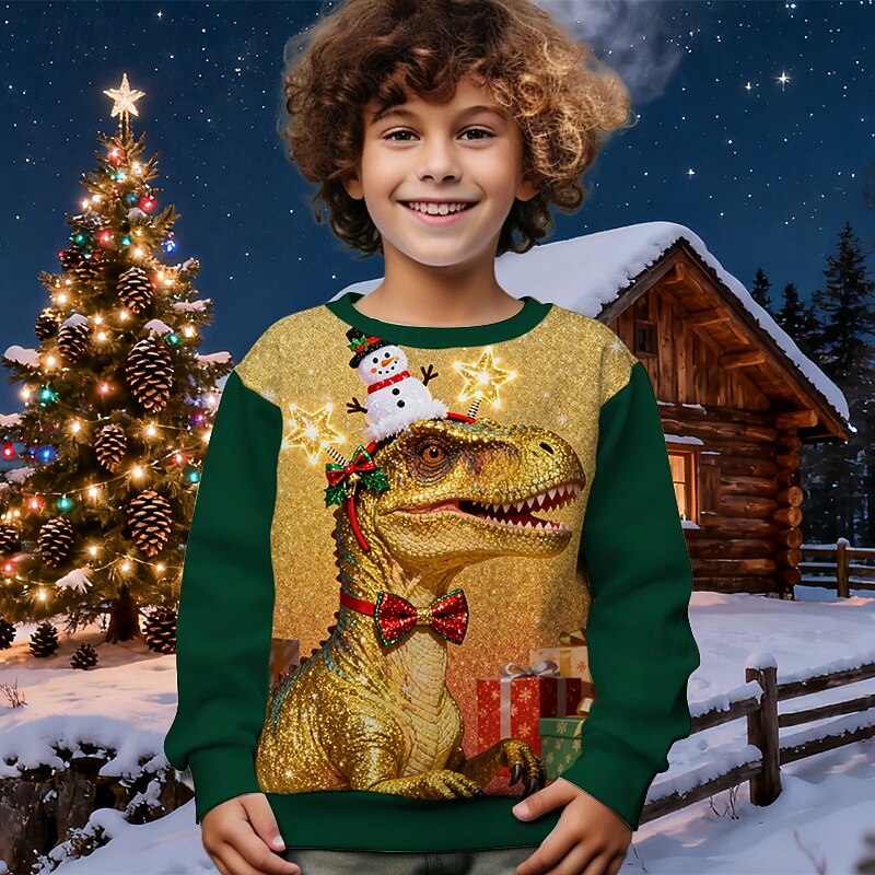 Boys' 3D Dinosaur Snowman Sweatshirt Long Sleeve Spring Fall Fashion Basic Kids 4-12 Years Crew Neck Outdoor Casual Daily Regular Fit3