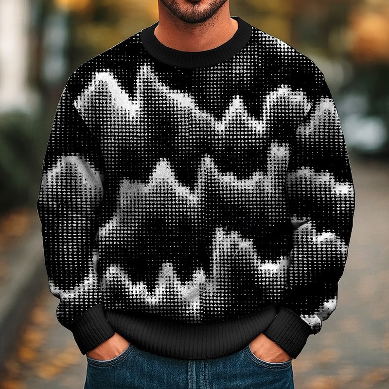 Men's Lines / Waves Abstract Pullover Sweater Jumper Knitwear Crewneck Casual Vacation Street Daily 3D Print Knitting Keep Warm Long Sleeve Spring Fall Winter Black White2