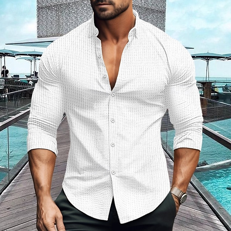Men's Shirt Waffle Shirt Casual Shirt Button Up Shirt Black White Sky Blue khaki Long Sleeve Plain Lapel Casual Daily Clothing Apparel Elegant Fashion Casual