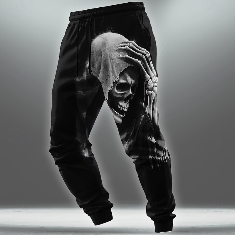 Halloween Men's Grim Reaper Skeleton Sweatpants Joggers Trousers Mid Waist Drawstring Elastic Waist Dark Gothic Style Outdoor Holiday Athletic Sweatpants with Pockets Spring Fall 3D Print Black