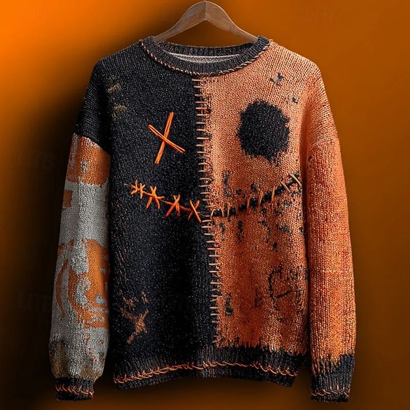 Men's Pullover Sweater Jumper Knit Sweater Ribbed Knit Regular Tops Knitted Print Pumpkin Crew Neck Halloween Vacation Daily Wear Clothing Apparel Drop Shoulder Fall Winter Pumpkin S M L