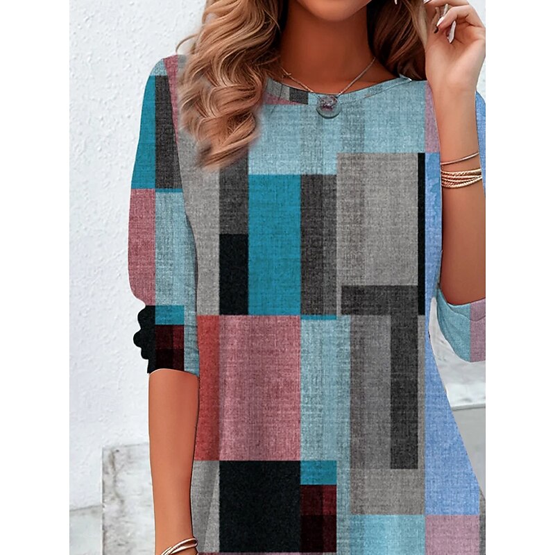 Women's T Shirt Graphic Geometric Color Block Vintage Stylish Classic Long Sleeve Crew Neck Round Neck Regular Tops Daily Print Blue Spring Fall Winter2