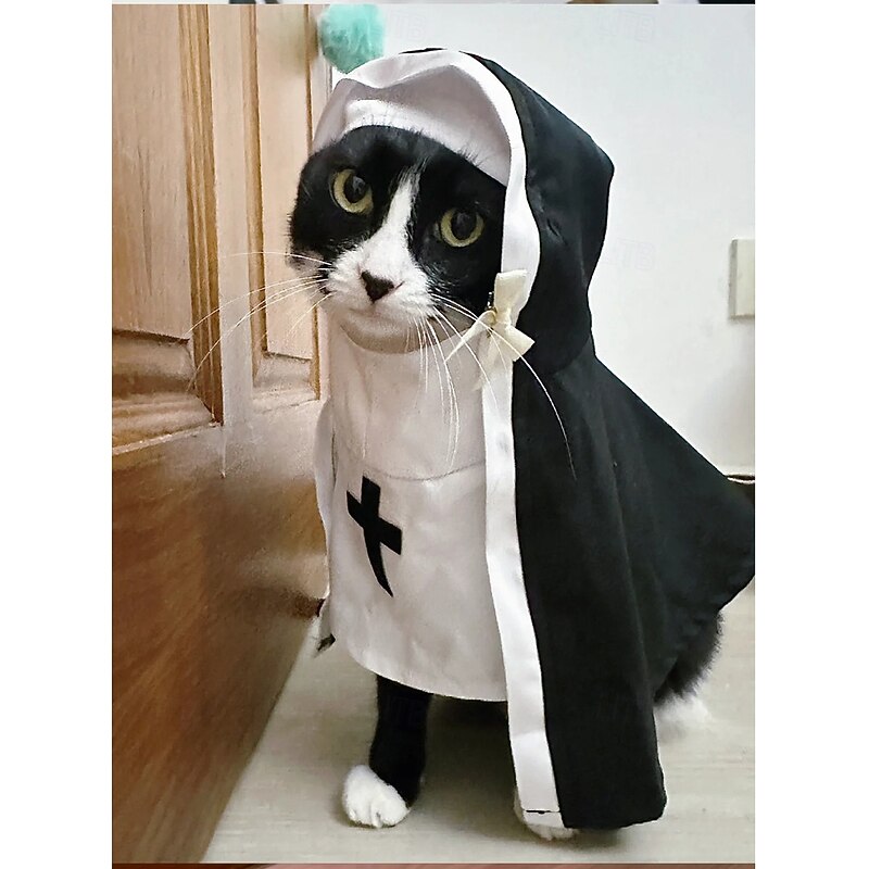 1pc Funny Pet Nun Costume for Cats & Small Dogs | Black Habit with White Collar & Cross Design, Adjustable | Perfect for Halloween, Parties & Photo Ops, Medium/Large/Small Sizes4
