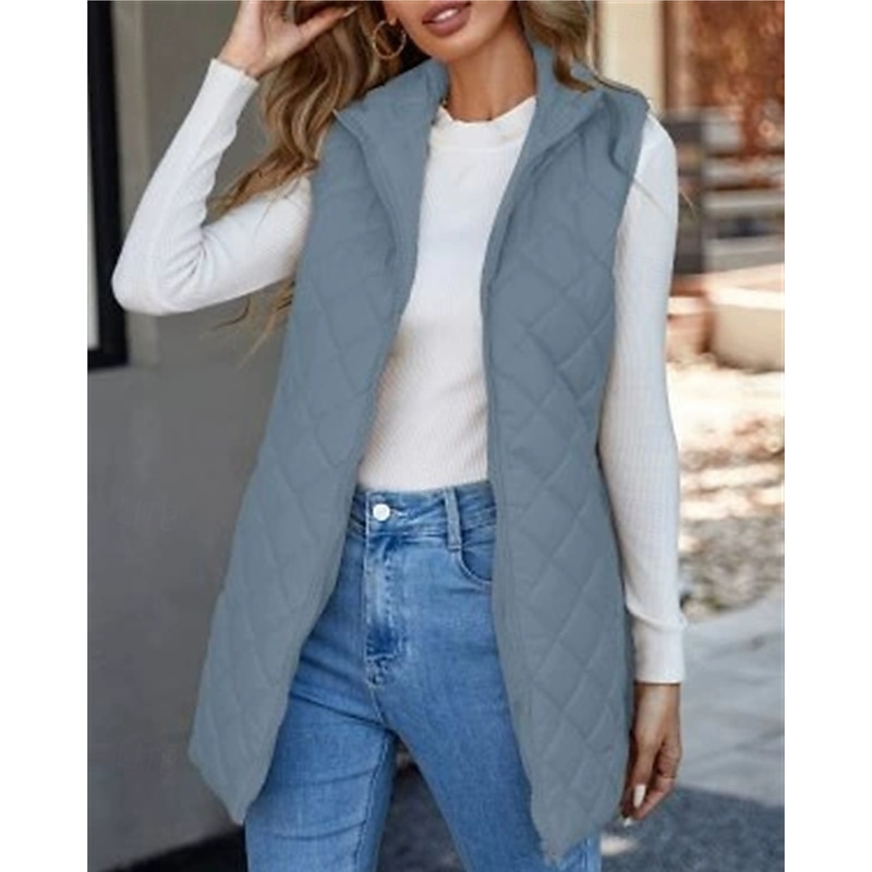 Women's Puffer Jacket Quilted Jacket Casual Jacket Waterproof Comfortable Zipper Pocket Casual Plain Vacation Street Casual Daily Wear Zipper Regular Long Turndown Regular Fit Sleeveless Outerwear3