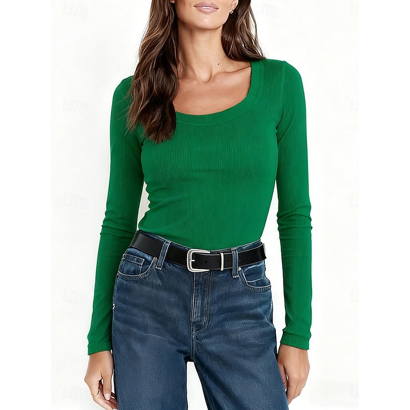 Women's T Shirt Graphic Plain Vintage Stylish Classic Long Sleeve Square Neck Regular Tops Daily Print Black White Pink Wine Purple Spring Fall2