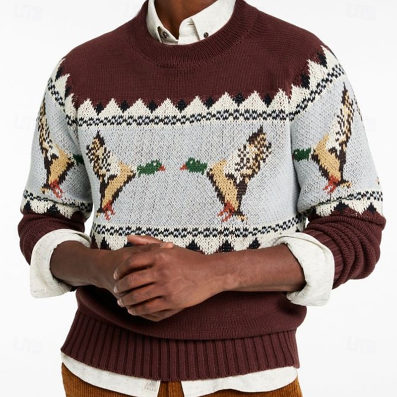 Men's Bird Fair isle Sweater Pullover Sweater Jumper Knitwear Crewneck Casual Vacation Daily 3D Print Keep Warm Long Sleeve Spring Fall Winter Brown