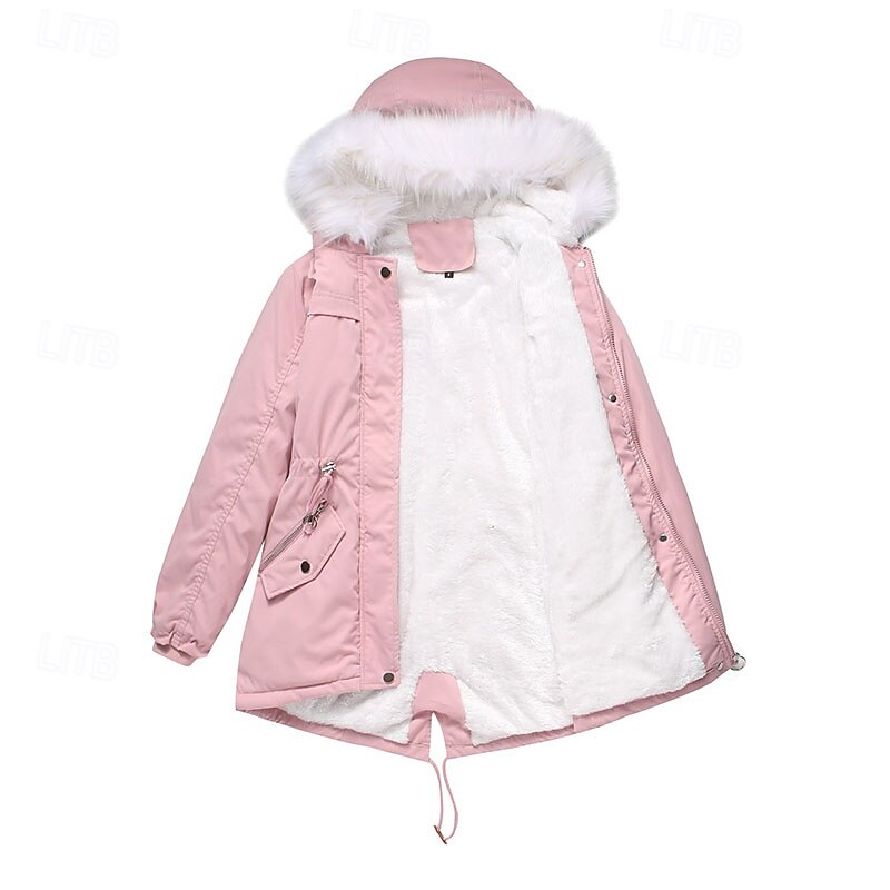 Women's Winter Coat Parka Warm Comfortable Zipper Pocket With Belt Casual Plain Vacation Street Casual Daily Wear Long Hooded Regular Fit Long Sleeve Outerwear Navy Black Pink Fall Winter4
