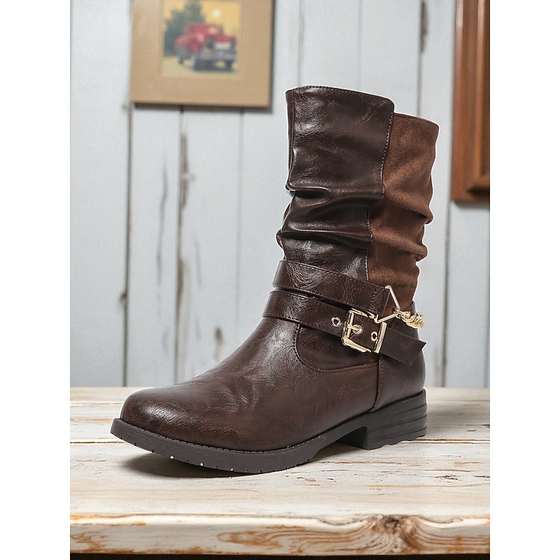 Women's Dark Brown Mid Calf Boots – Faux Leather Slouchy Boots with Buckle Chain Detail for Casual Wear and Street Style
