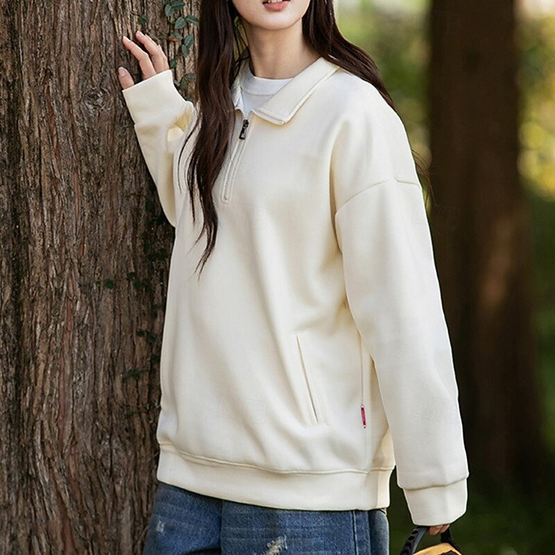 Women's Pullover Sweatshirts Zip Up Sweatshirts Plain Sports Fashion Casual Long Sleeve High Neck Regular Tops Street Dailywear Going out Half Zipper Quarter Zipper Zipper Beige Fall Winter2