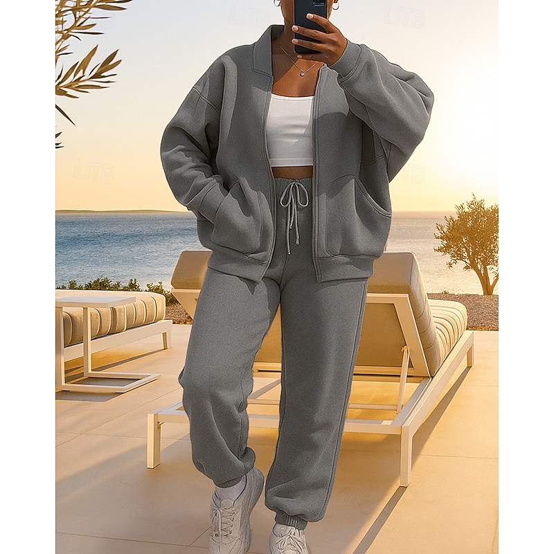 Women's 2 Piece Tracksuit Sweatsuit Sets Sportswear Zip Up Baggy Solid Colored Clothing Suit Fall Black Pink Vocation Outdoor Travel Lightweight Fashion Long Sleeve Sport Activewear Micro-elastic