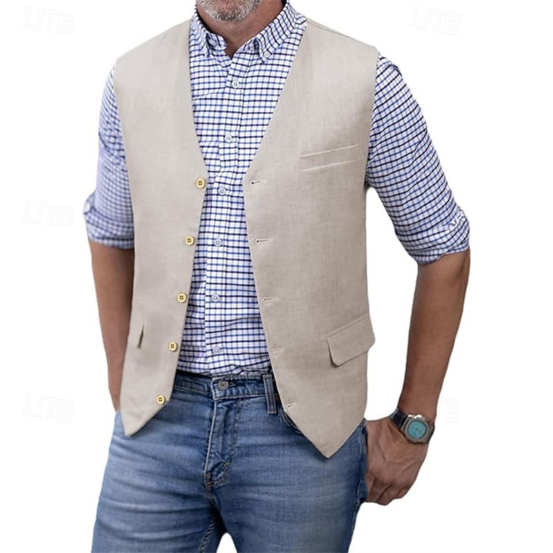 Men's Vest Waistcoat Gilet Vacation Party Business Fashion Casual Spring Fall Pocket Buttons 75% Cotton Comfortable Plain Single Breasted One-button V Neck Regular Fit Silver Black White Champagne2