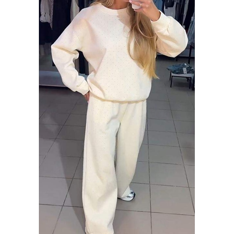 Women's Fashion Streetwear Pants Sets Bolero Top Long Sleeve Crew Neck Solid Color Sequins Outdoor Work Casual Black White Blue Fall Loose Fit