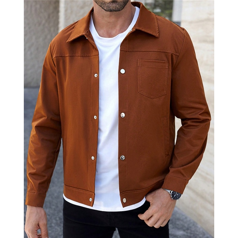 Men's Lightweight Jacket Shirt Jacket Casual Jacket Vacation Daily Breathable Buttons Spring Fall Plain Fashion Classic Lapel Regular Brown Jacket2