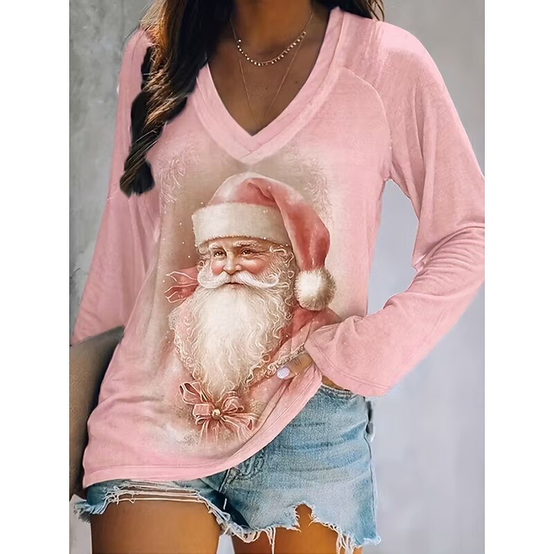 Christmas Women's T Shirt Graphic Christmas Tree Elegant Vintage Stylish Long Sleeve V Neck Regular Tops Daily Going out Weekend Print Pink Red Blue Summer Spring Fall Winter3