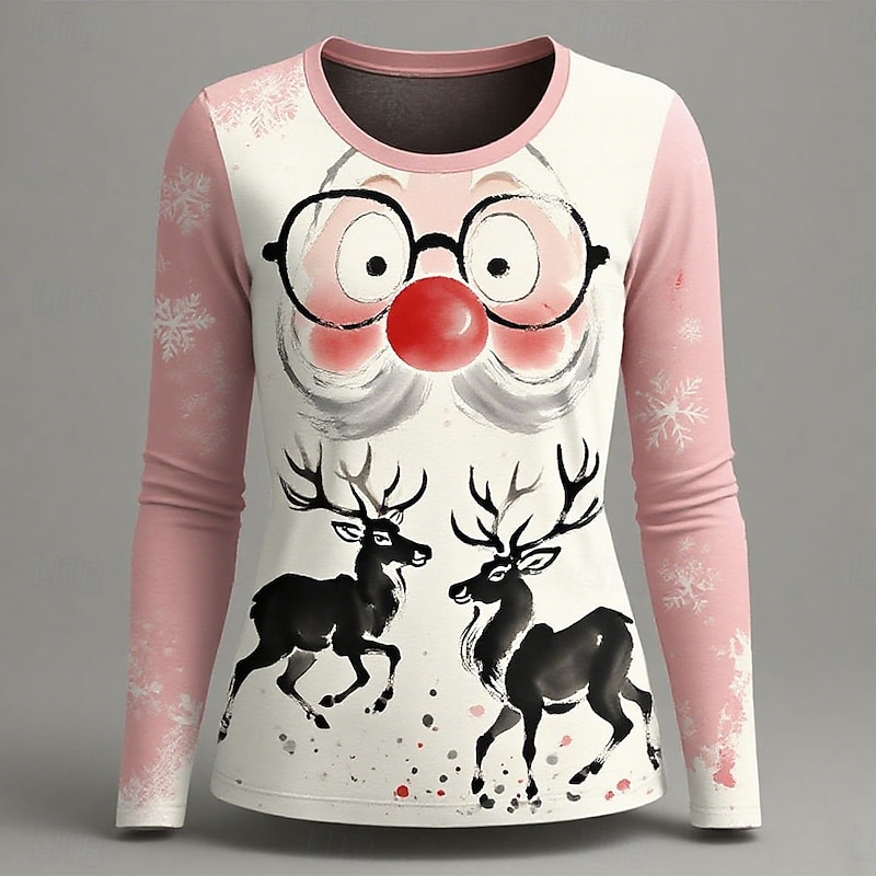 Christmas Women's T Shirt Graphic Santa Claus Reindeer Fashion Casual Long Sleeve Crew Neck Regular Tops Daily Weekend Print White Pink Red Summer Spring Fall