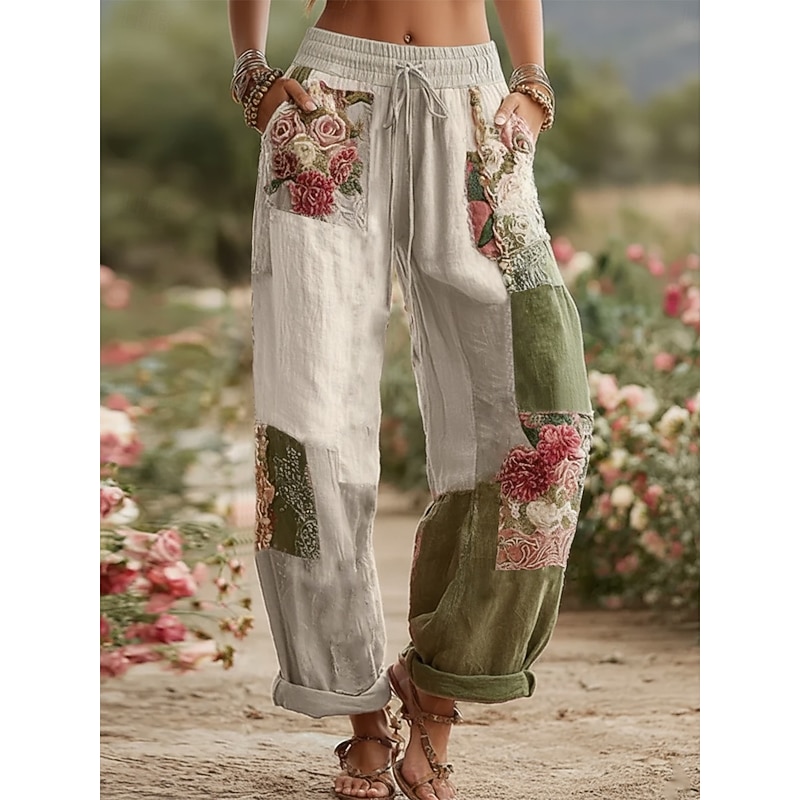 Women's Wide Leg Pants Trousers Fashion Streetwear Full Length Mid Waist Floral Pocket Elastic Waist Print Comfy Breathability Micro-elastic Outdoor Dailywear Daily White Pink Blue Purple Spring Fall