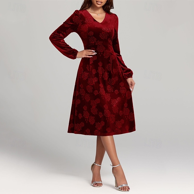 Women's Midi Dress Velvet Dress Cocktail Dress Elegant Fashion Modern Outdoor Party Party Evening Wear Regular Fit Floral Plain Long Sleeve V Neck Red Purple Green Spring Autumn2
