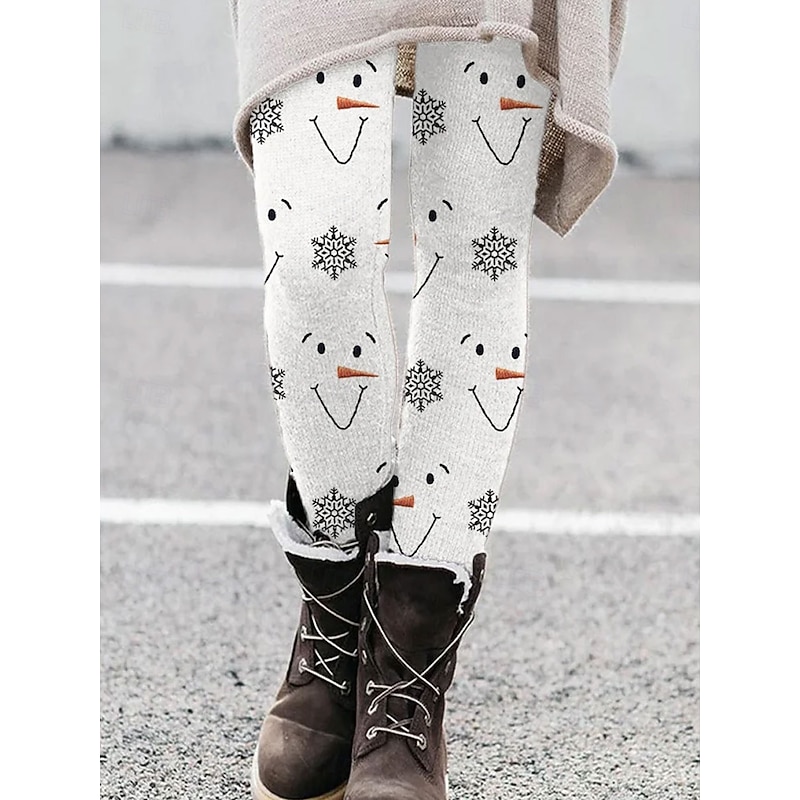 Women's Leggings Vacation Vintage Fashion Full Length High WaistPantsUgly Christmas Graphic Snowflake Christmas Printing Soft Breathable Stretchy Formal Vacation Street White Khaki Beige Spring Fall