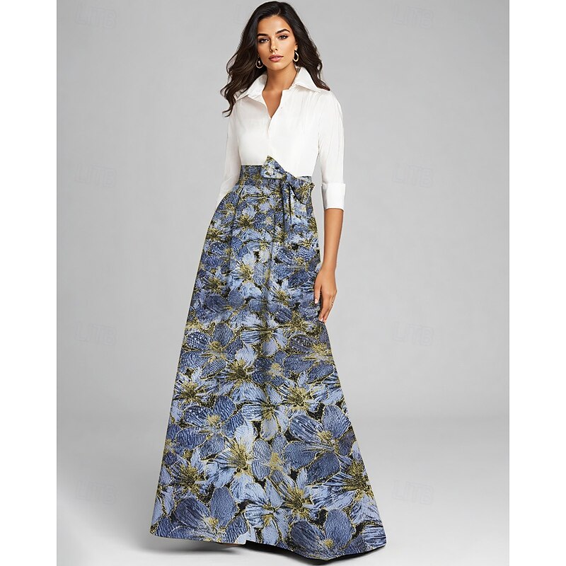 Jacquard Brocade A-Line Mother of the Bride Dress Elegant Vintage Shirt Collar Floor Length Stretch Fabric Long Sleeve with Bow(s) Color Block - Main Image