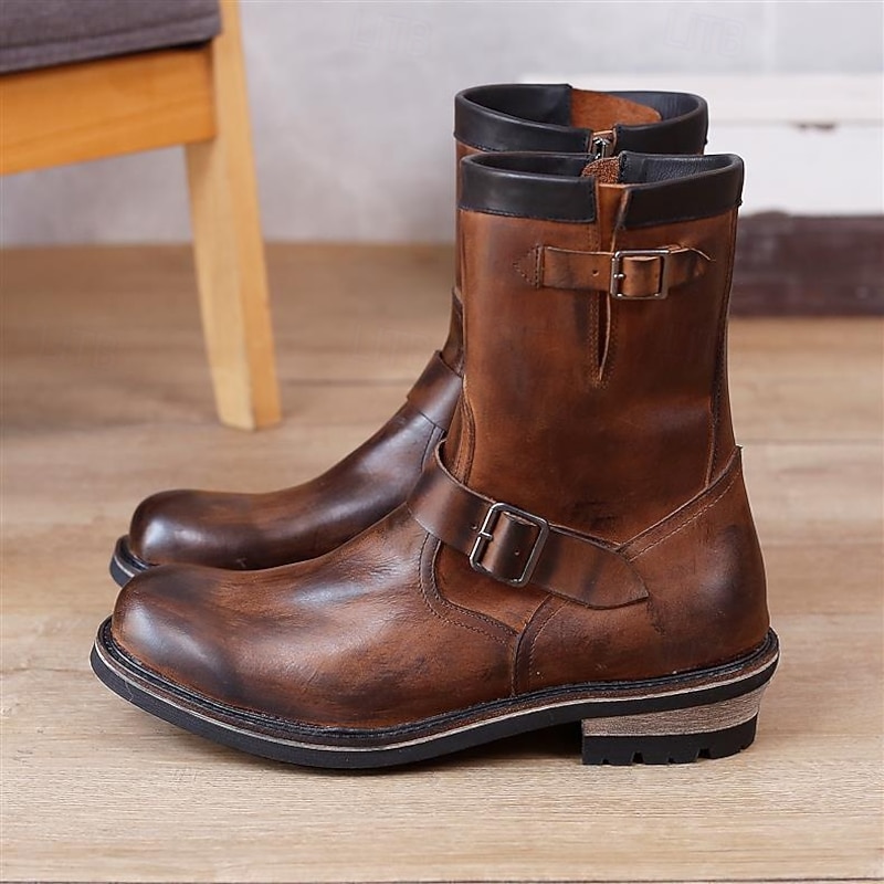 Men's Brown Mid-Calf Leather Boots – Genuine Cowhide Retro Motorcycle Riding Footwear with Buckle Strap for Biker Style and Outdoor Casual Use2