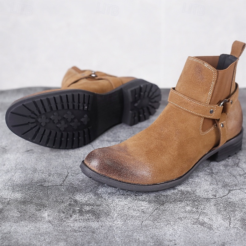 Men's Suede Leather Ankle Boots – Retro Buckle Strap Casual Chelsea Style Boots for Work and Weekend Outfits2