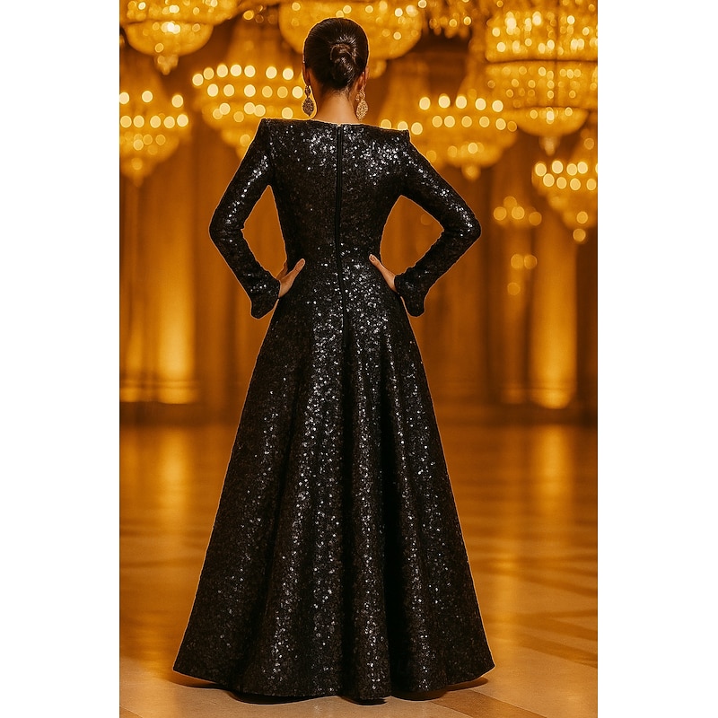 Black Tie A-Line Evening Gown Elegant Formal Dress Formal Wedding Floor Length Long Sleeve V Neck Pocket Sequined with Glitter 20252