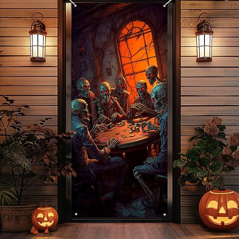 Halloween Door Covers Skull Bonfire and Dead Tree Tapestry Door Curtain Decoration, Spooky Horror Backdrop Door Banner for Front Door Indoor Outdoor Haunted House Party Decor4