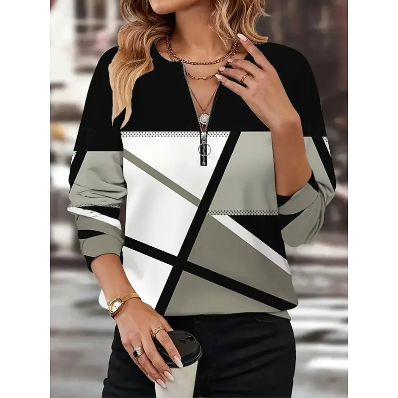Women's Pullover Sweatshirt Zip Up Sweatshirts Graphic Geometric Color Block Fashion Casual Long Sleeve Crew Neck Regular Tops Street Dailywear Zipper Print Black Fall Winter