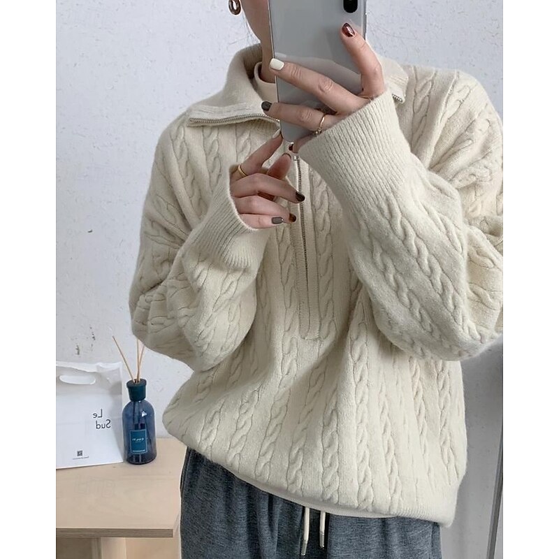 Women's Sweater Casual Soft Solid Color Ribbed Half Zip Knitted Long Sleeve Regular Tops Knit Outdoor Daily Weekend Beige Fall Winter4
