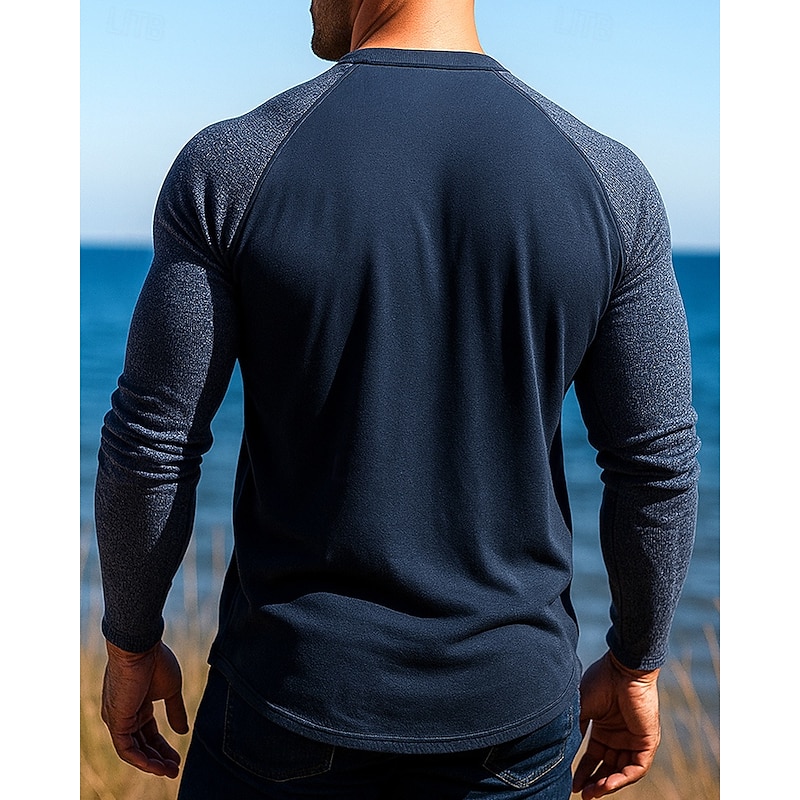 Men's Hiking Shirt Henley Shirt Long Sleeve Henley Collar Top Outdoor Breathable Winter Cotton Blend Patchwork Blue Khaki Dark Blue Tennis Golf Running2