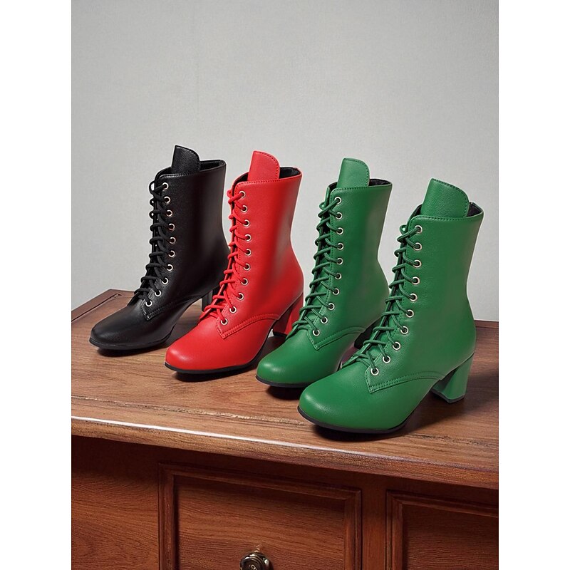 Women's Vintage Style Lace-Up Faux Leather  Ankle Boots with Block Heel,Perfect for Casual & Retro Outfits.2