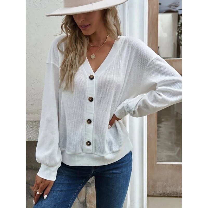 Women's Blouse Solid Color Stylish Casual Long Sleeve V Neck Regular Tops Daily Buttons Black White Army Green Blue Khaki Spring Fall Winter