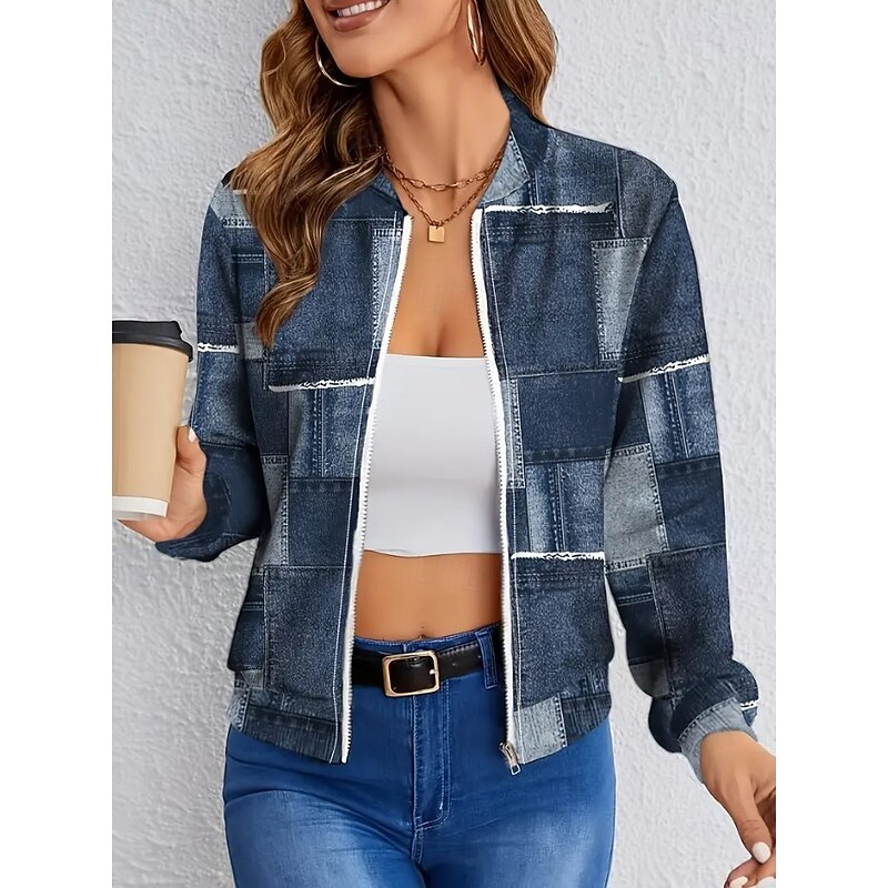 Women's Casual Jacket Warm Quick Dry Zipper Pocket Elegant Fashion Daily Simple Camouflage Vacation Casual Daily Holiday Short Baseball Collar Regular Fit Long Sleeve Outerwear Navy Blue Blue Fuchsia4