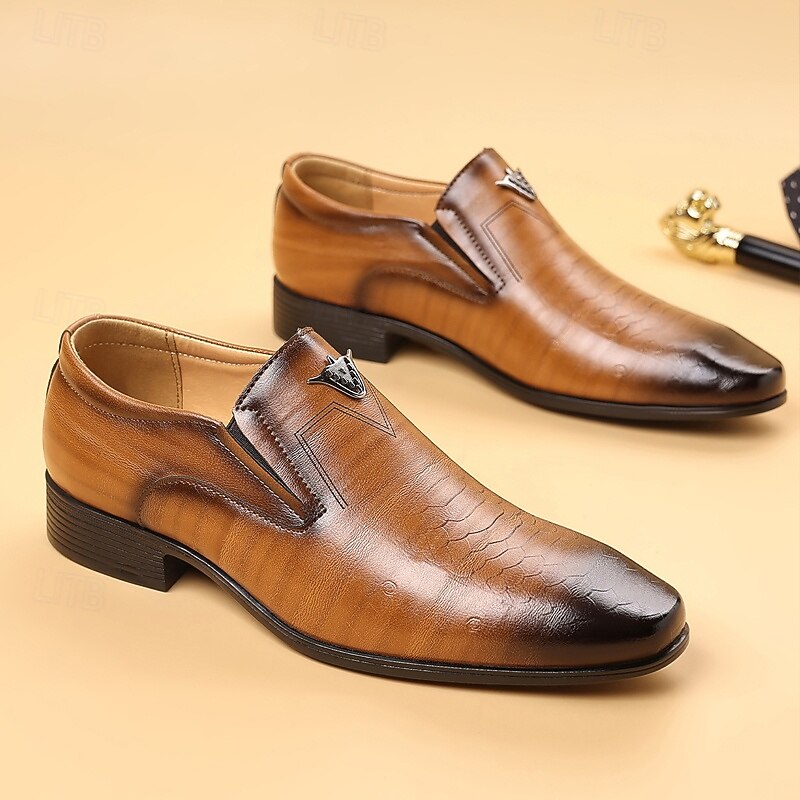 Men's Brown Faux Leather Slip-On Loafers – Crocodile Pattern Business Dress Shoes for Formal Occasions and Evening Parties4