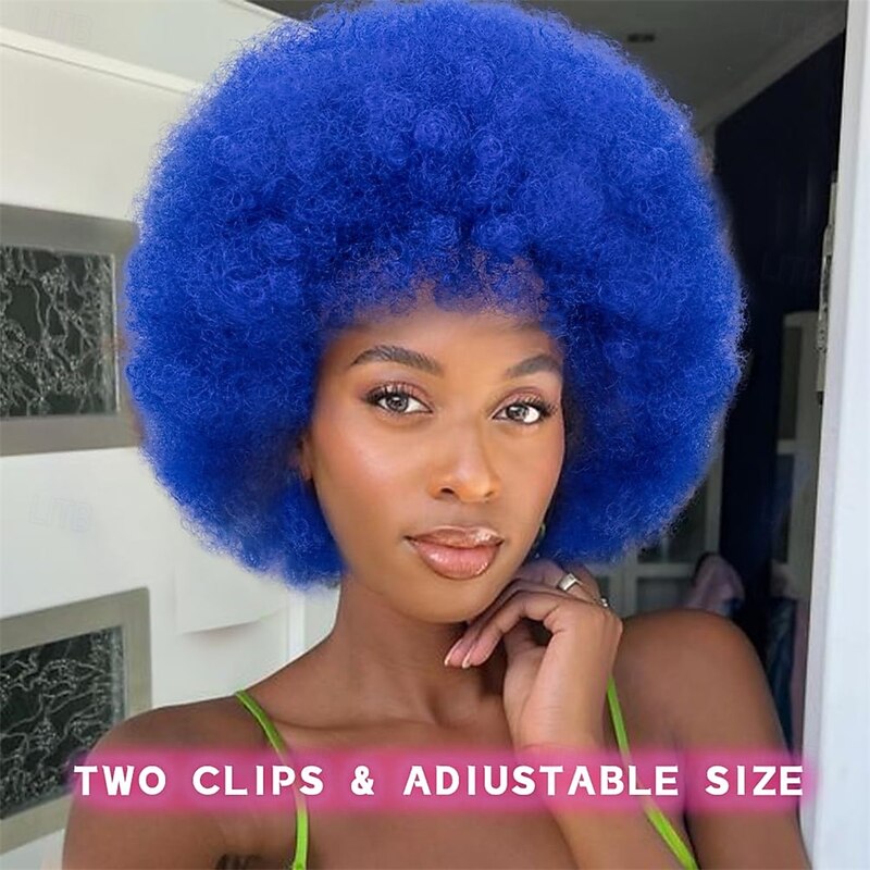 Short Afro Wigs for Black Women Big Bouncy Fluffy Afro Kinky Curly Wig Premium Synthetic Soft Natural Looking Blue Curly Afro Wig 70s3