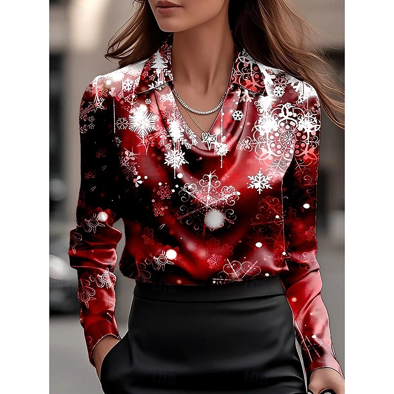 Christmas Women's Shirt Ombre Graphic Snowflake Elegant Vintage Tropical Long Sleeve Cowl Neck Regular Tops Work Party Evening Wear Daily Ruched Draped Wine Army Green Navy Blue Fall Winter2