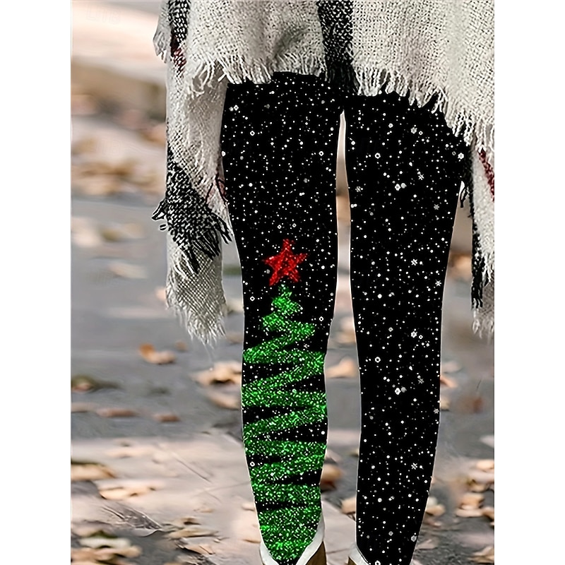 Women's Leggings Vacation Vintage Fashion Full Length High WaistPantsUgly Christmas Graphic Snowflake Christmas Printing Soft Breathable High Elasticity Vacation Street Causal Black Green Fall Winter2