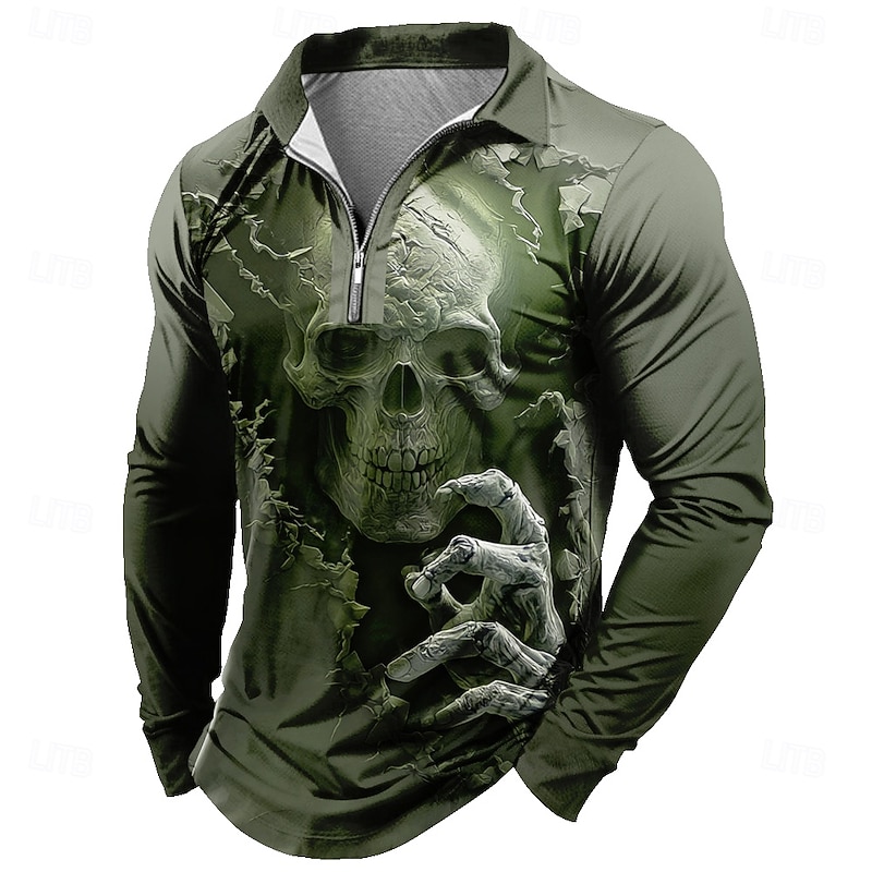 Day of the Dead Men's Skull Polo Long Sleeve Polo Shirts Lapel Casual Dark Daily Wear Festival Outfit 3D Print Quarter Zip Polo Spring Fall Winter Blue Brown Green3