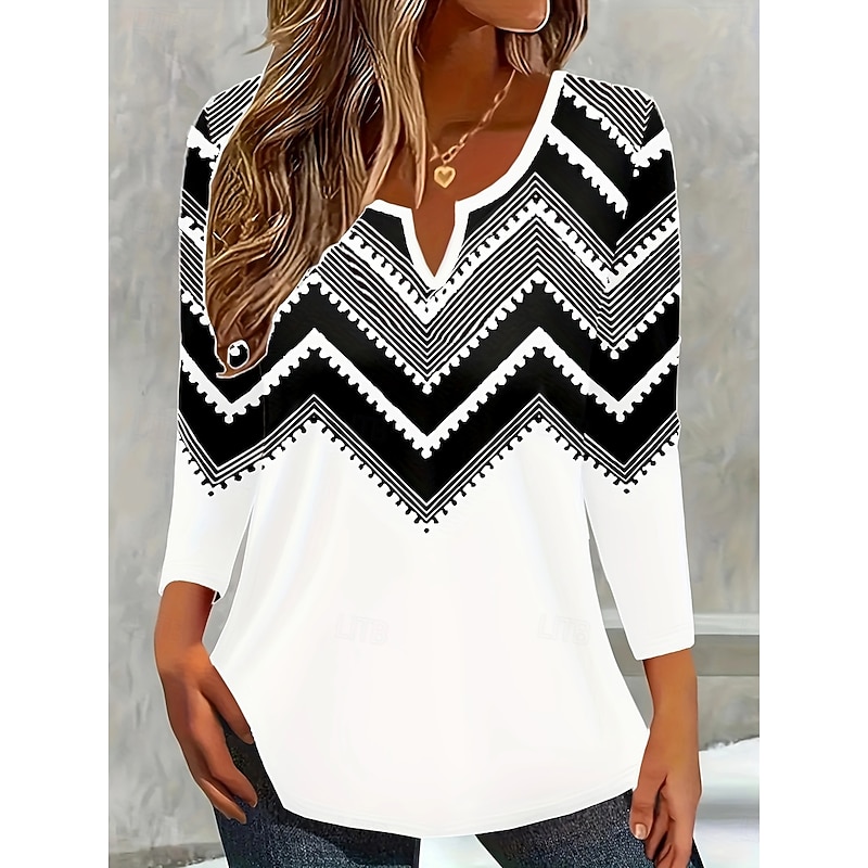 Women's T Shirt Ombre Graphic Geometric Vintage Stylish Classic Long Sleeve V Neck Notched Neck Regular Tops Daily Weekend Print White Pink Red Light Blue Spring Fall Winter4