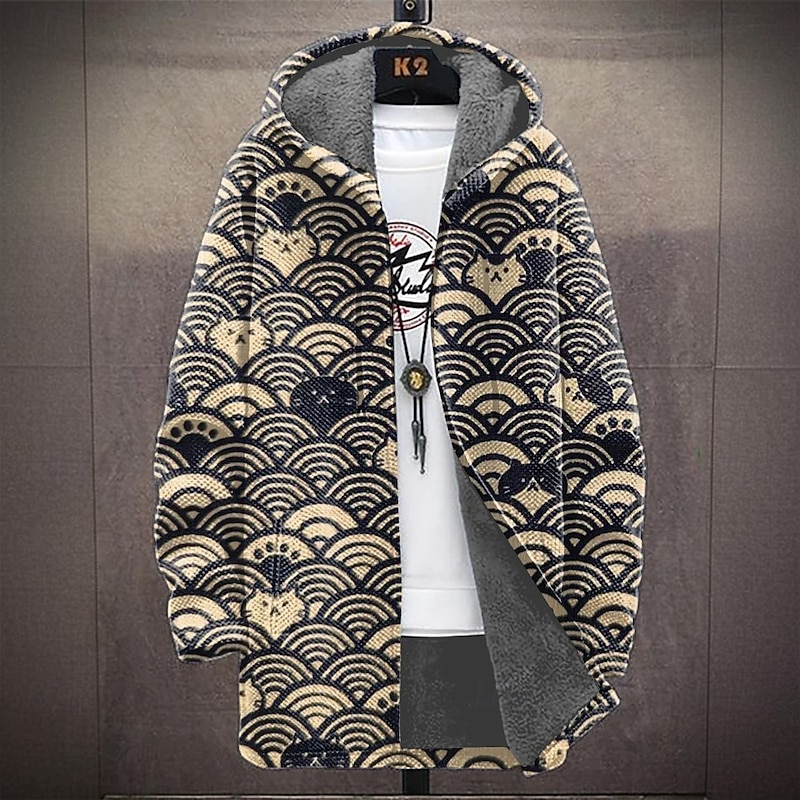 Men's Graphic Winter Coat Fleece Jacket Coat Thermal Warm Comfortable Casual Daily Wear Pocket 3D Print Fleece Fall Winter Hooded Long Sleeve Brown