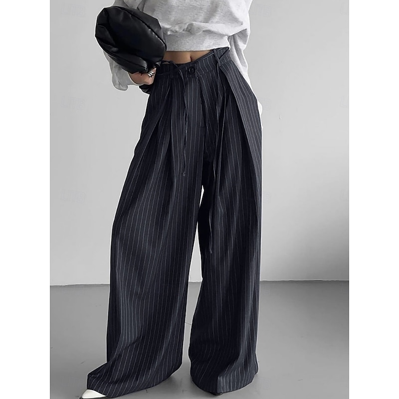 Women's Wide Leg Chinos Vacation Fashion Streetwear Full Length High Waist Striped Pocket Elastic Waistband Printing Comfy Soft Comfortable Stretchy Outdoor Street Navy-blue Spring Fall Loose Fit